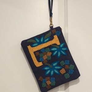 Beaded And Embroidered Navy Blue Clutch With "L" Monogram